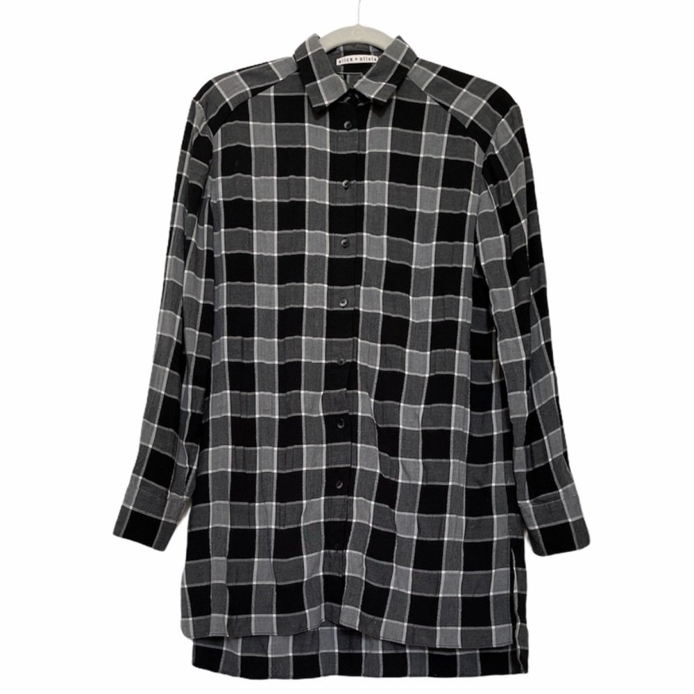 ALICE+OLIVIA CHARCOAL, BLACK AND WHITE PLAID BUTTON DOWN, size 0